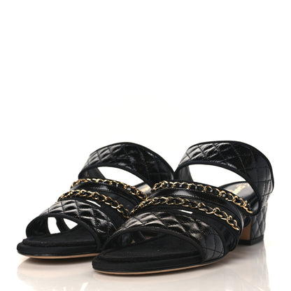 Chanel Distressed Patent Quilted Chain Mule Sandals 40.5 Black 3 of 8