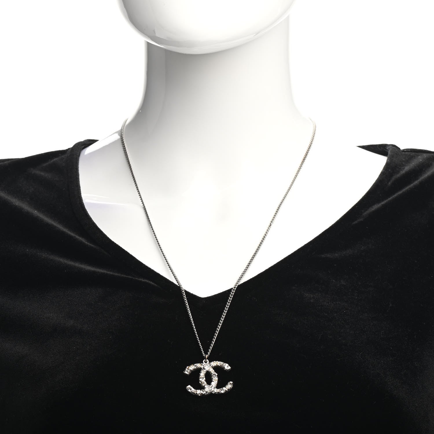 Chanel Crystal CC Pendant Necklace Silver 2 of 4