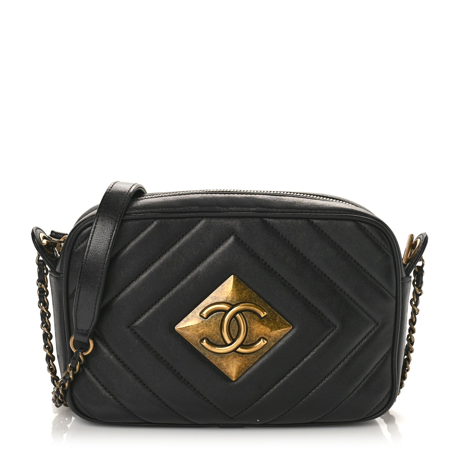 Lambskin Chevron Quilted Pyramid CC Camera Case Black