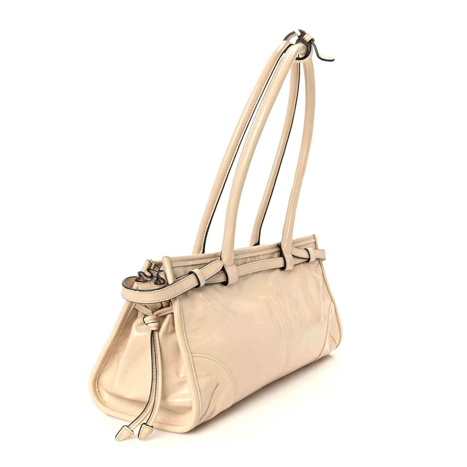 Prada Glossy Calfskin Triangle Medium Bonnie Shoulder Bag Travertine 3 of 10