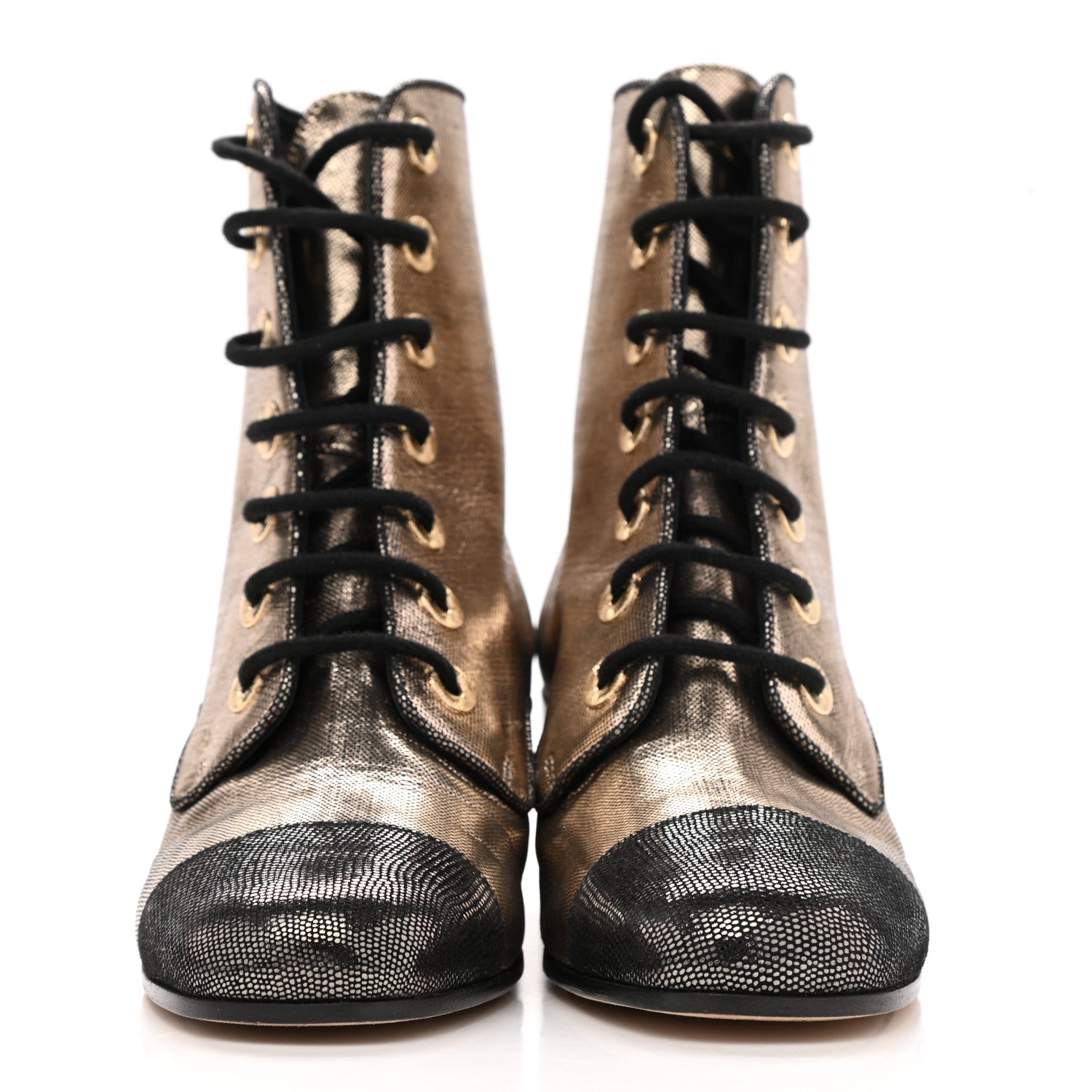 Chanel Laminated Calfskin CC Lace Up Short Boots 35 Gold Black 2 of 8