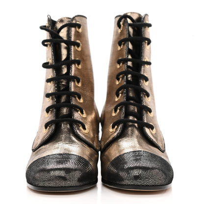 Chanel Laminated Calfskin CC Lace Up Short Boots 35 Gold Black 2 of 8