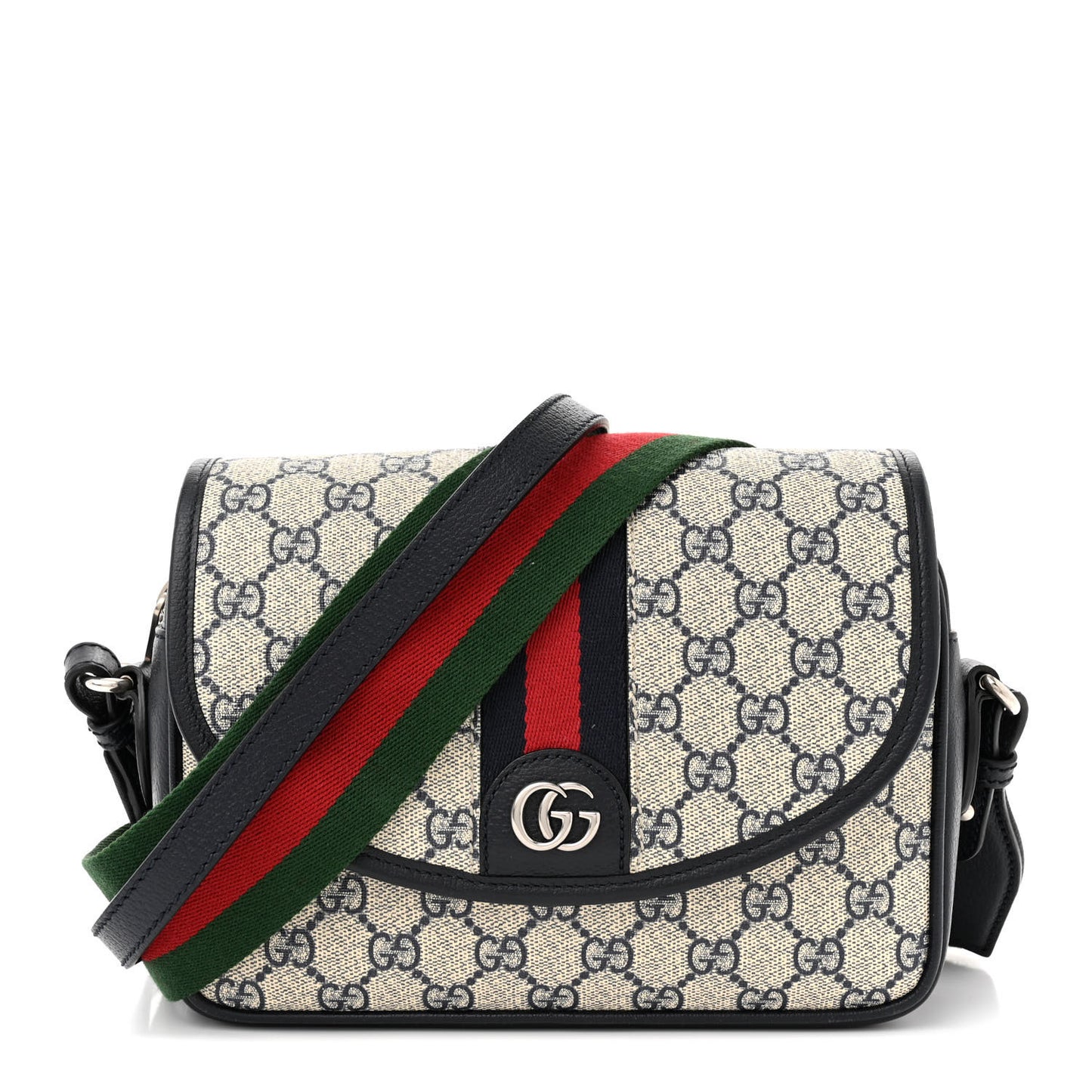 GG Supreme Monogram Textured Dollar Calfskin Web Studded Mini Ophidia Flap Shoulder Bag Beige Blue