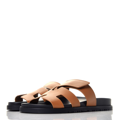 Hermes Calfskin Womens Chypre Sandals 37.5 Gold 3 of 9