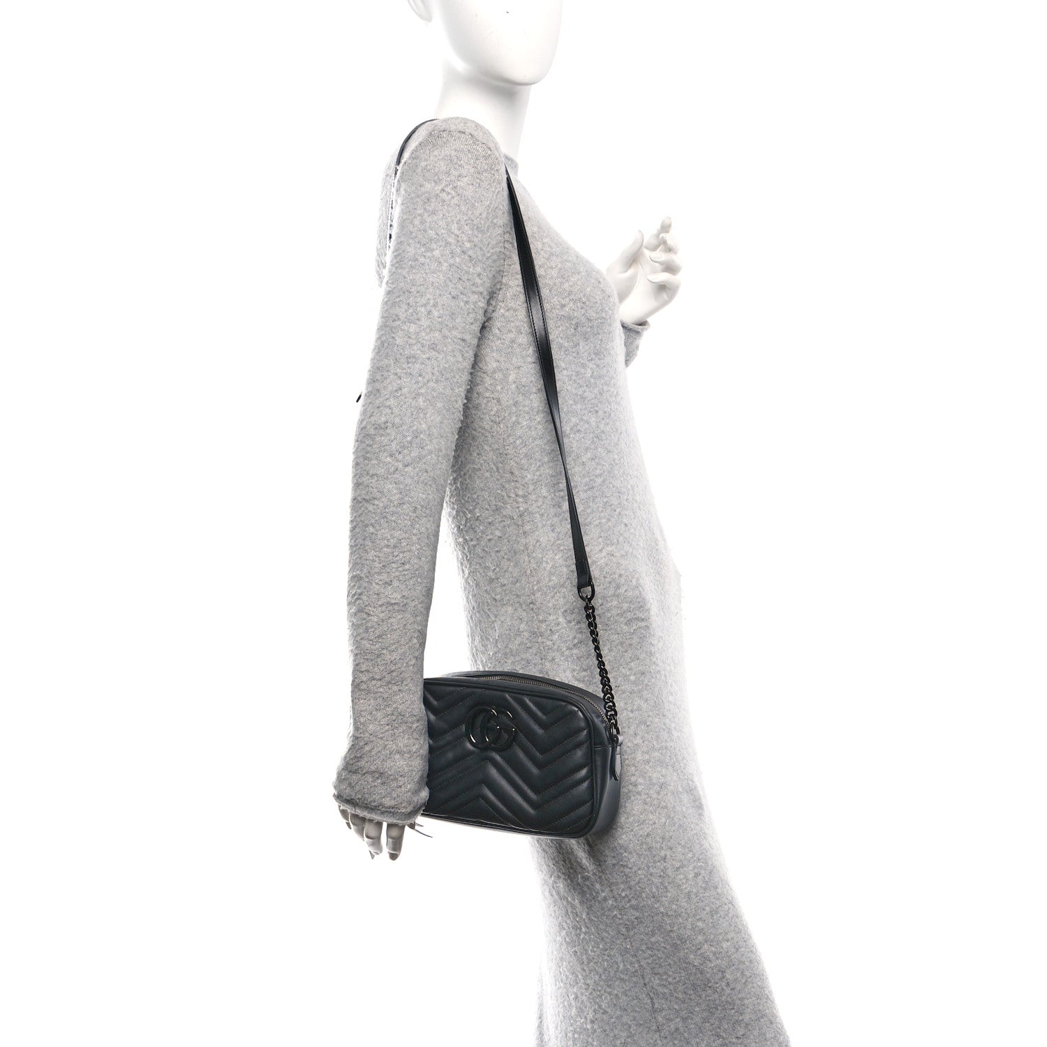 Gucci Calfskin Matelasse Monochrome Small GG Marmont Chain Shoulder Bag Black 2 of 13