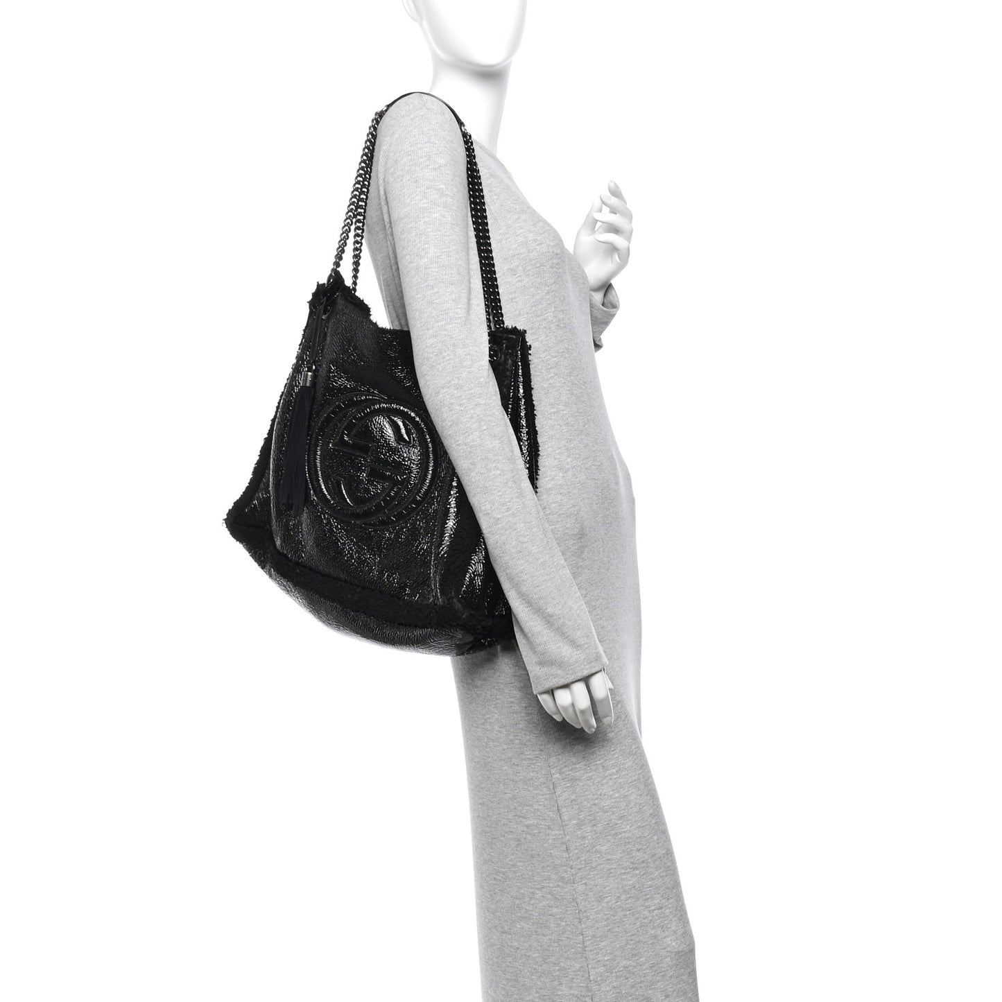Patent Shearling Large Soho Chain Shoulder Bag Black