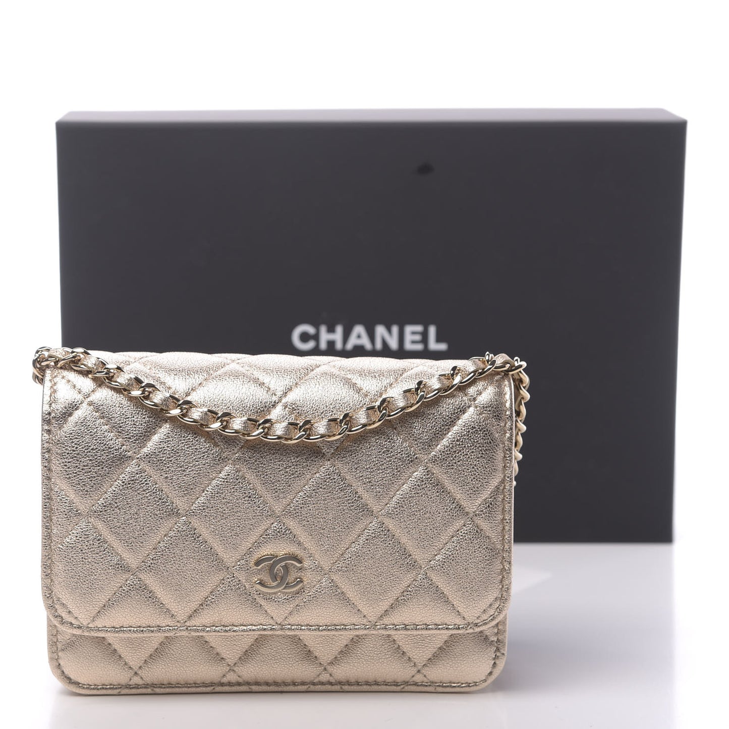 Metallic Lambskin Quilted Mini Wallet On Chain WOC Gold