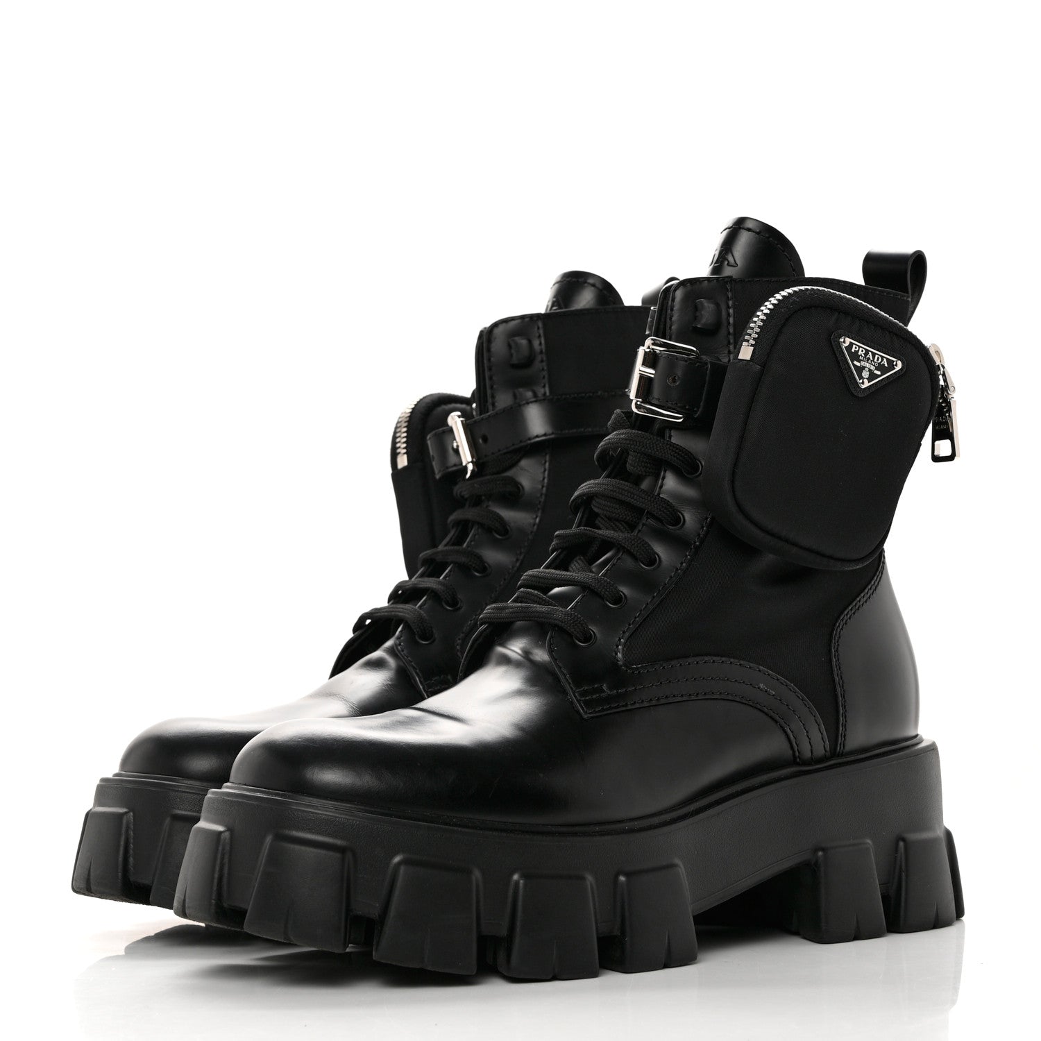 Prada Spazzolato Rois Nylon Metal Triangle Logo Monolith Pouch Pocket 55mm Boots 40 Black 3 of 8