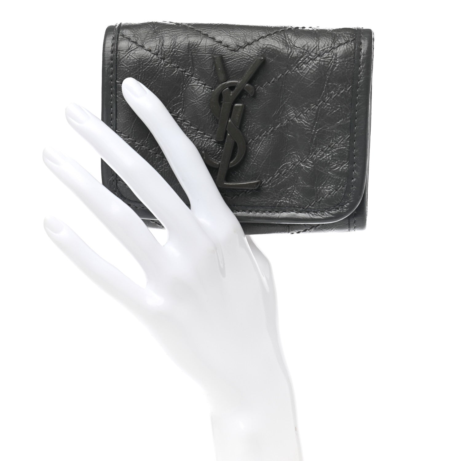 Saint Laurent Crinkled Calfskin Matelasse Monogram Niki Compact Wallet Storm 2 of 8