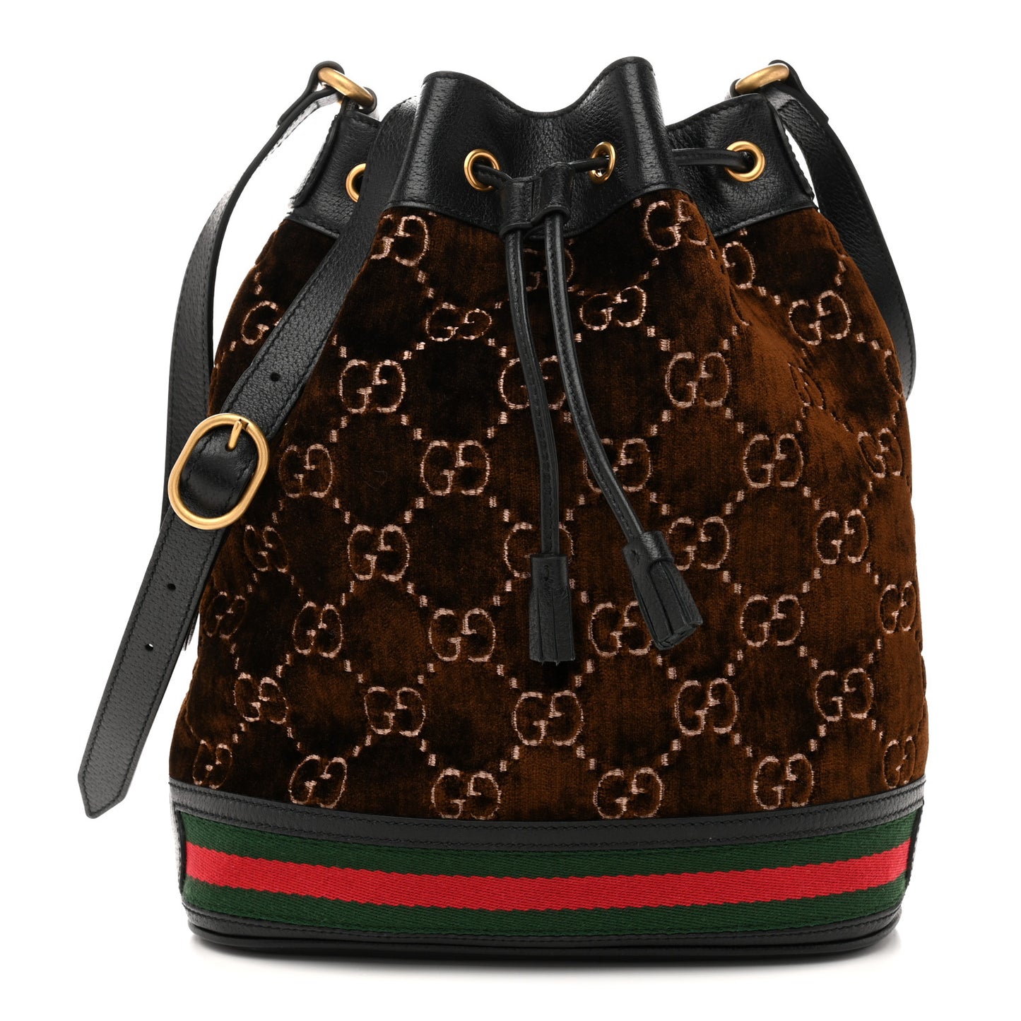 Velvet GG Monogram Textured Calfskin Web Bucket Bag Brown Black