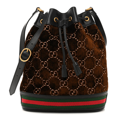 Gucci Velvet GG Monogram Textured Calfskin Web Bucket Bag Brown Black 1 of 12