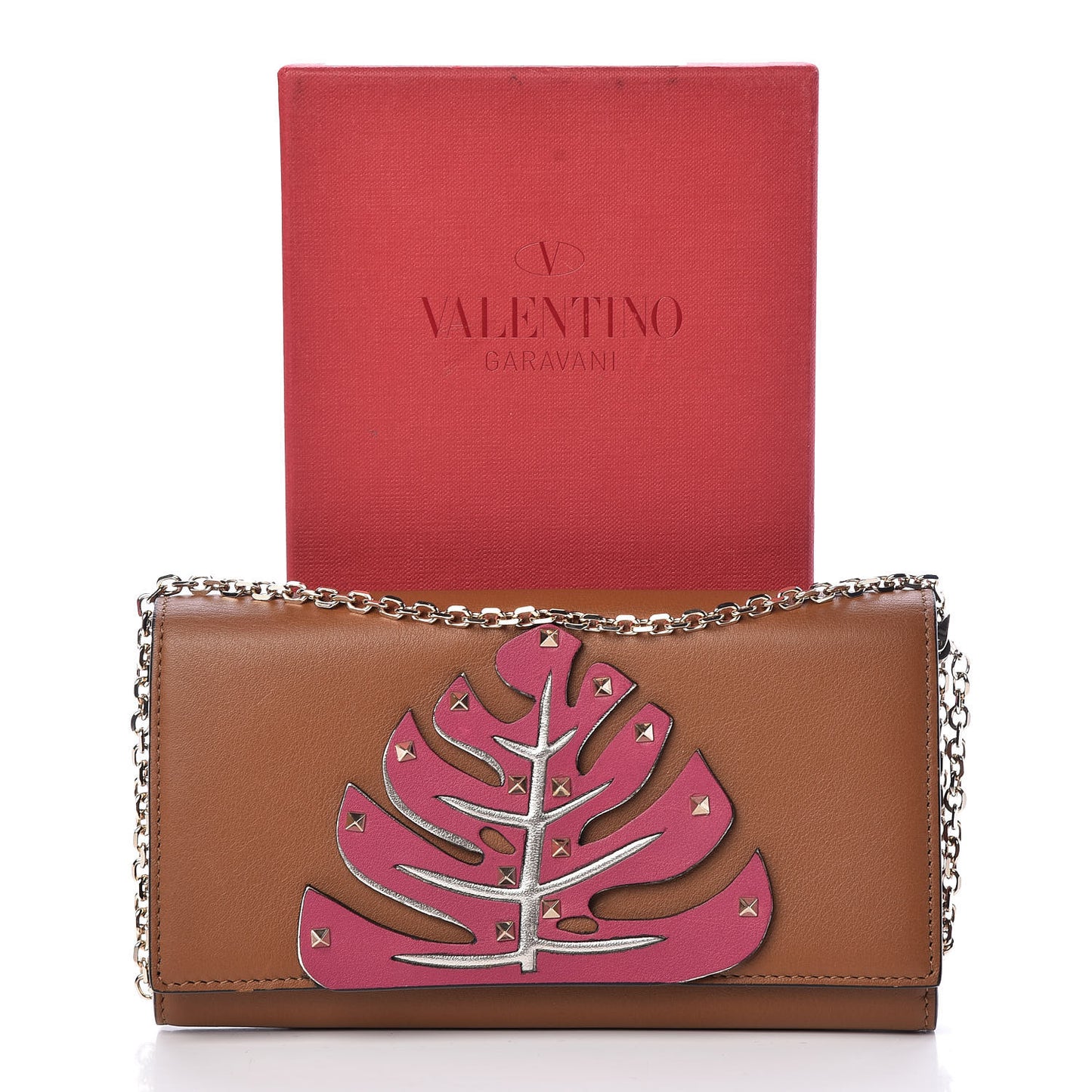 Calfskin Rockstud Tropical Dream Leaf Chain Wallet Flap Bag Tan