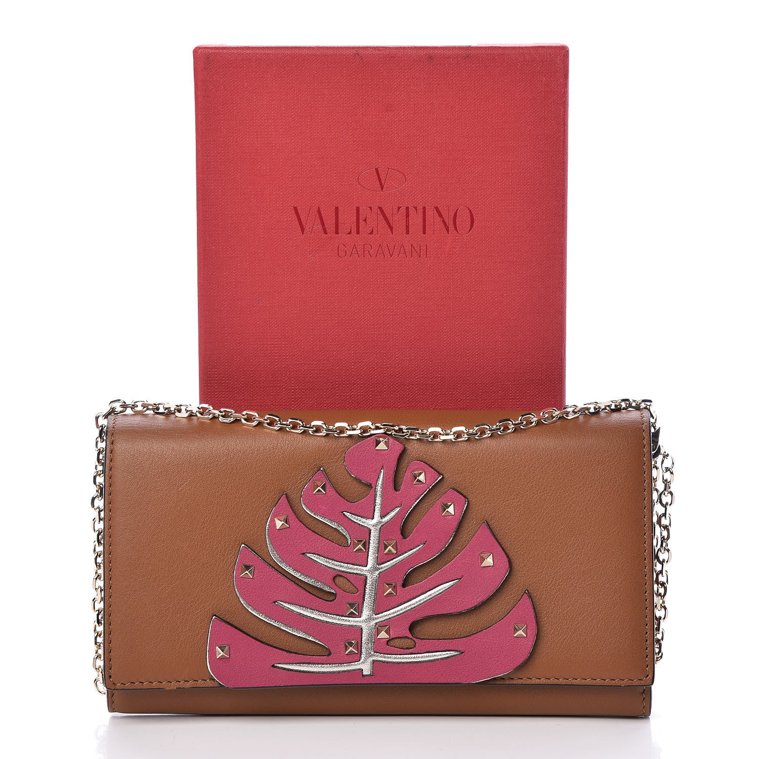 Valentino Garavani Calfskin Rockstud Tropical Dream Leaf Chain Wallet Flap Bag Tan 14 of 14