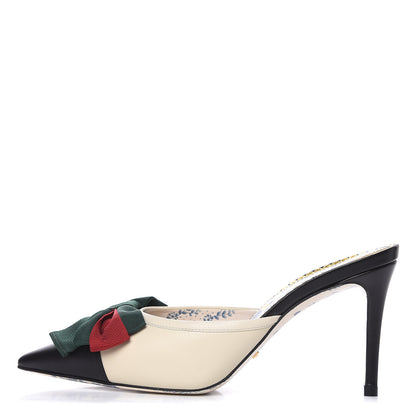 Gucci Malaga Kid Web Bow Mid Heel Mules 36.5 Black Vintage White 1 of 8
