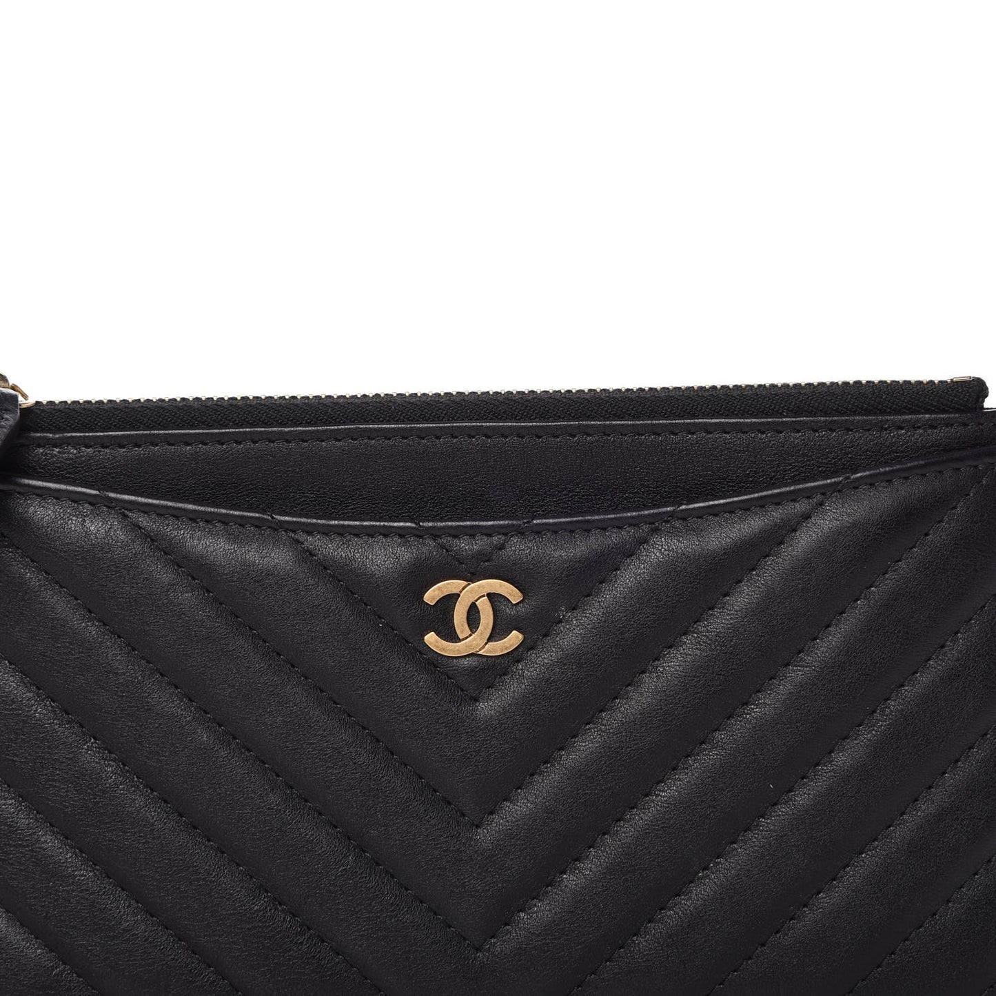 Calfskin Chevron Quilted Classic Zip Pouch Black