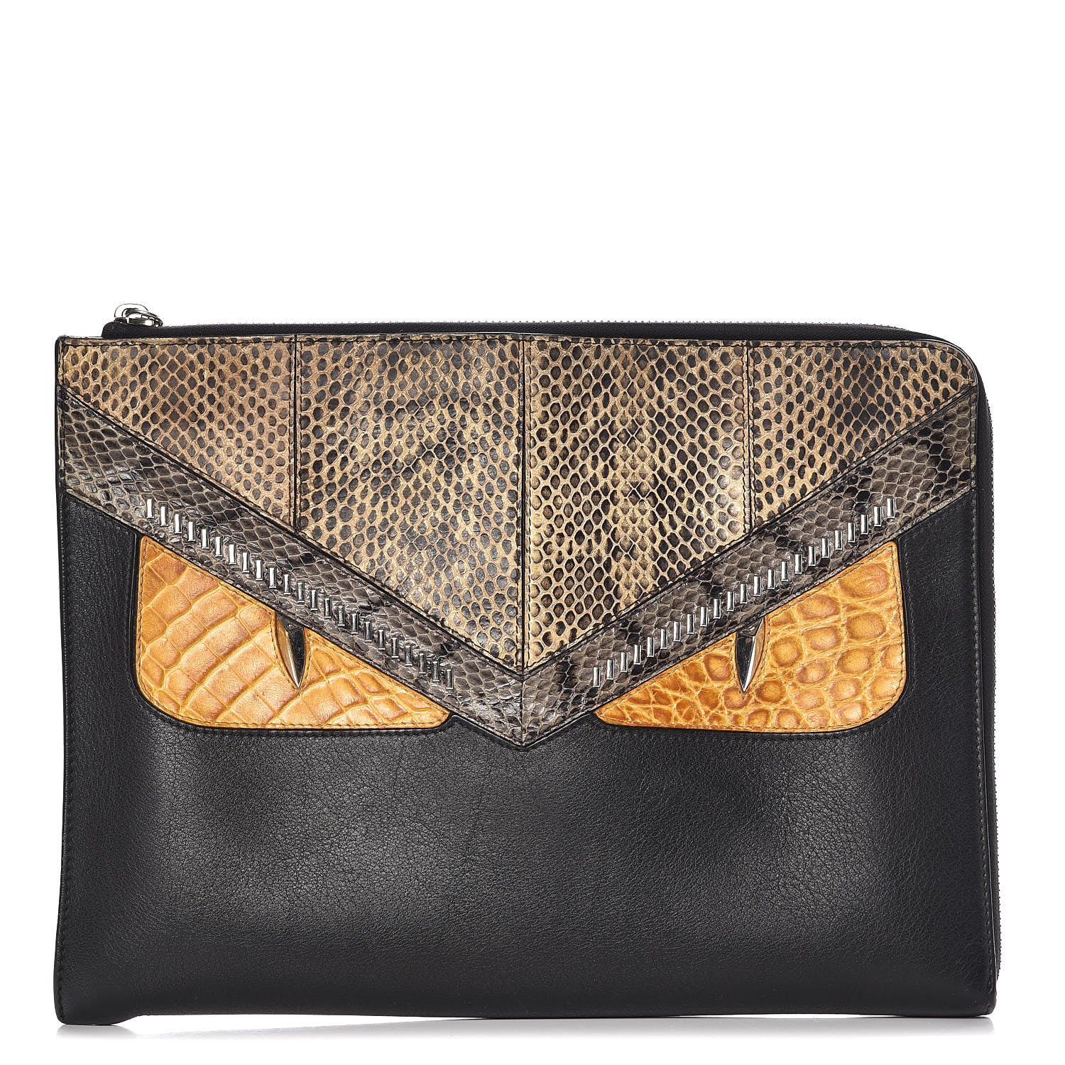 Fendi Calfskin Ayers Crocodile Monster Eyes Zip Around Pouch Black 1 of 7