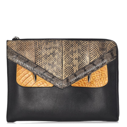 Fendi Calfskin Ayers Crocodile Monster Eyes Zip Around Pouch Black 1 of 7