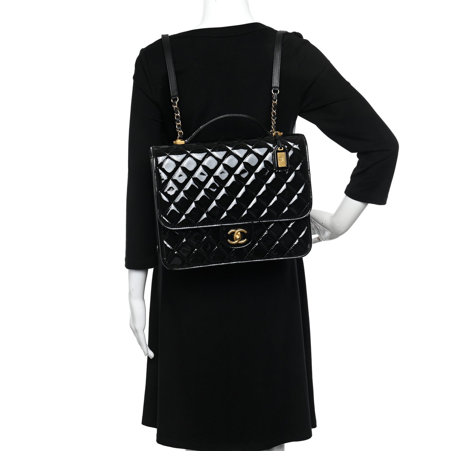 Patent Quilted Large School Memory Top Handle Flap Black