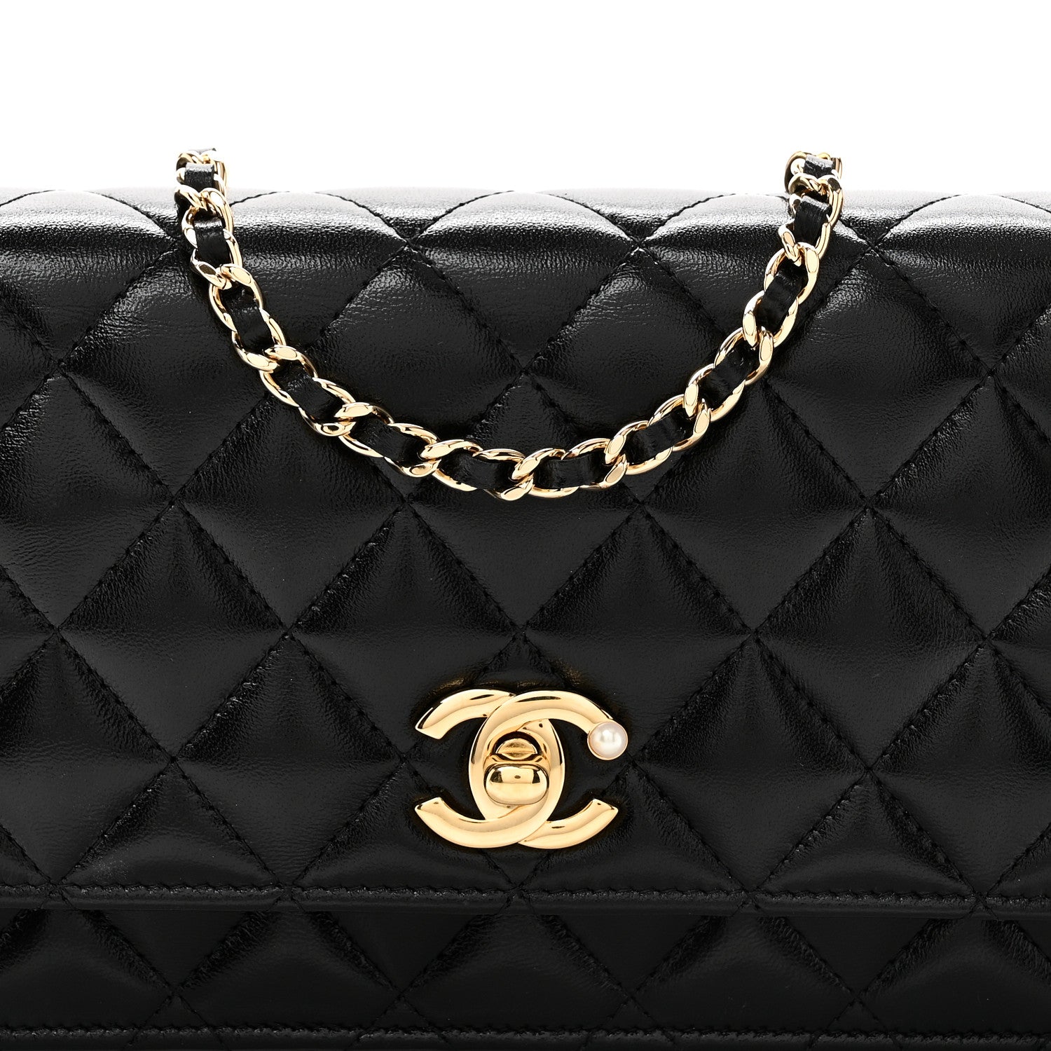 Chanel Shiny Lambskin Quilted CC Pearl Wallet on Chain WOC Black 9 of 12