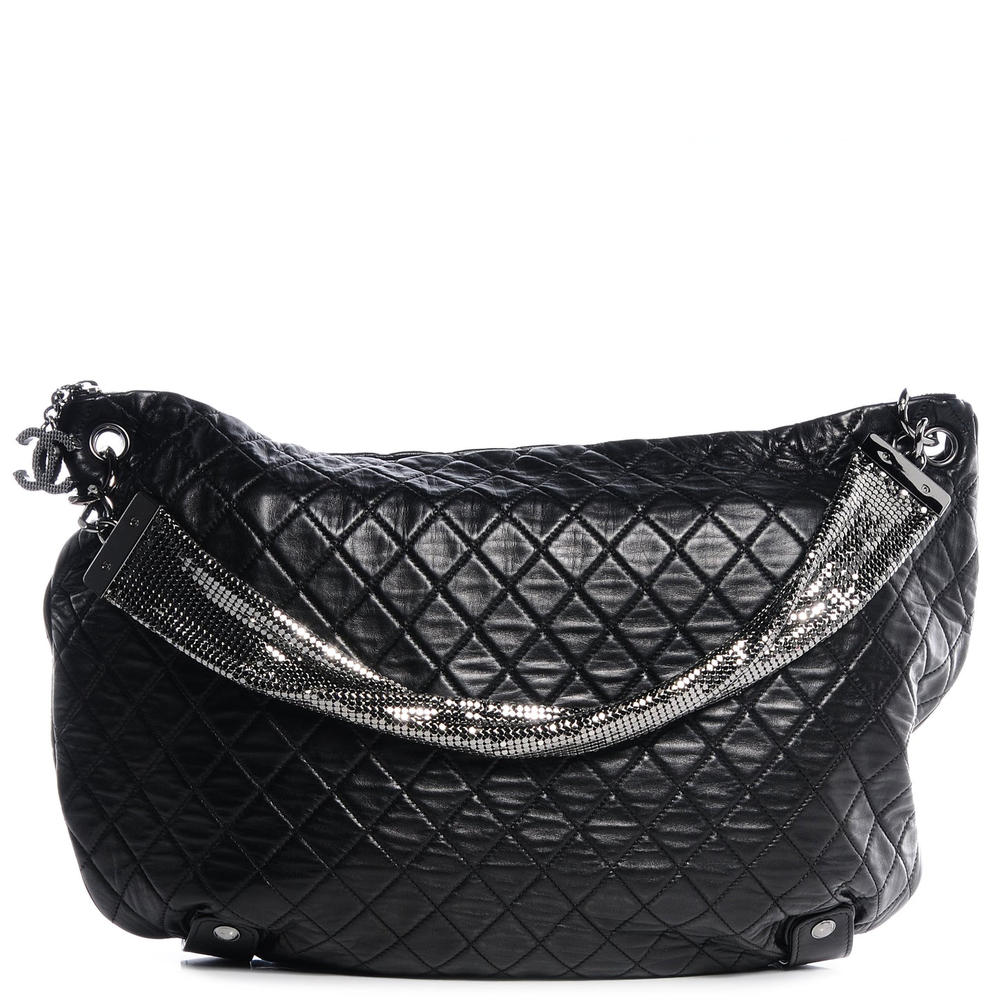Lambskin Large Chain Mail Hobo Black