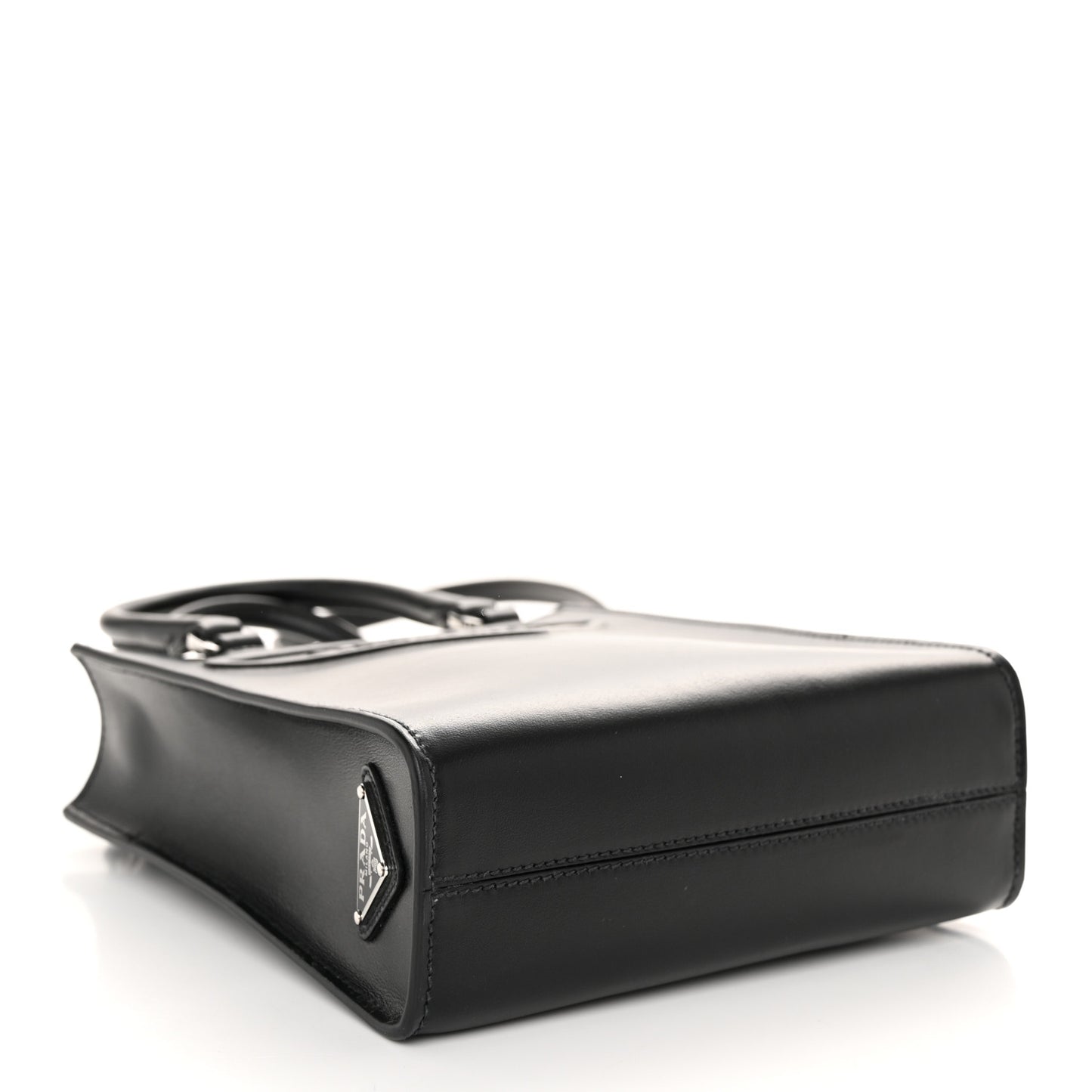 Soft Calfskin Triangle Logo Embossed Small Double Handle Crossbody Tote Black