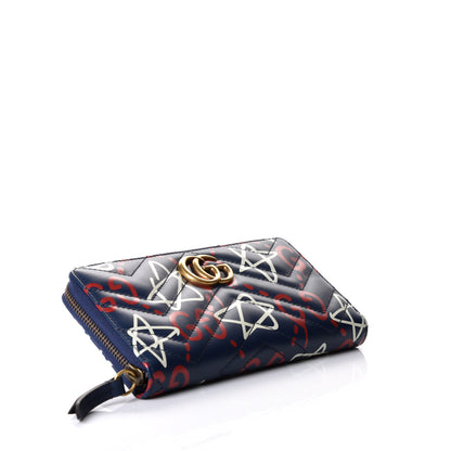 Gucci Calfskin Matelasse GucciGhost GG Marmont Zip Around Wallet Blue Agata Hibiscus Red 3 of 8