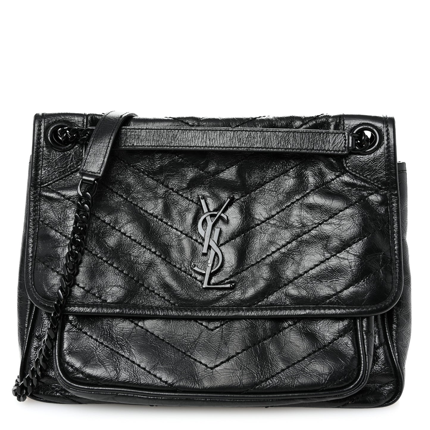Crinkled Calfskin Matelasse Monogram Medium Niki Chain Satchel Black