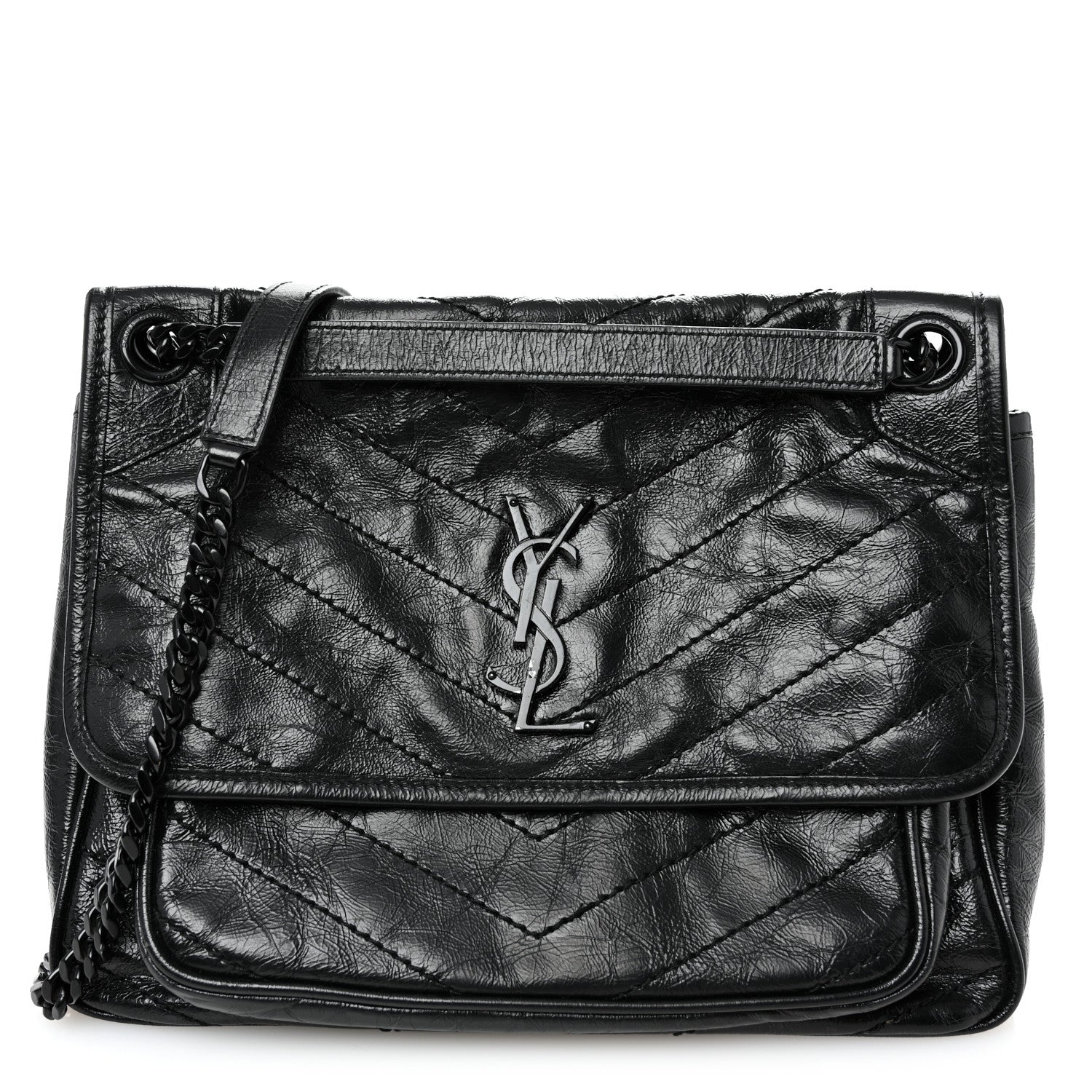 Saint Laurent Crinkled Calfskin Matelasse Monogram Medium Niki Chain Satchel Black 1 of 10