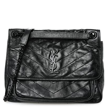 Saint Laurent Crinkled Calfskin Matelasse Monogram Medium Niki Chain Satchel Black 1 of 10