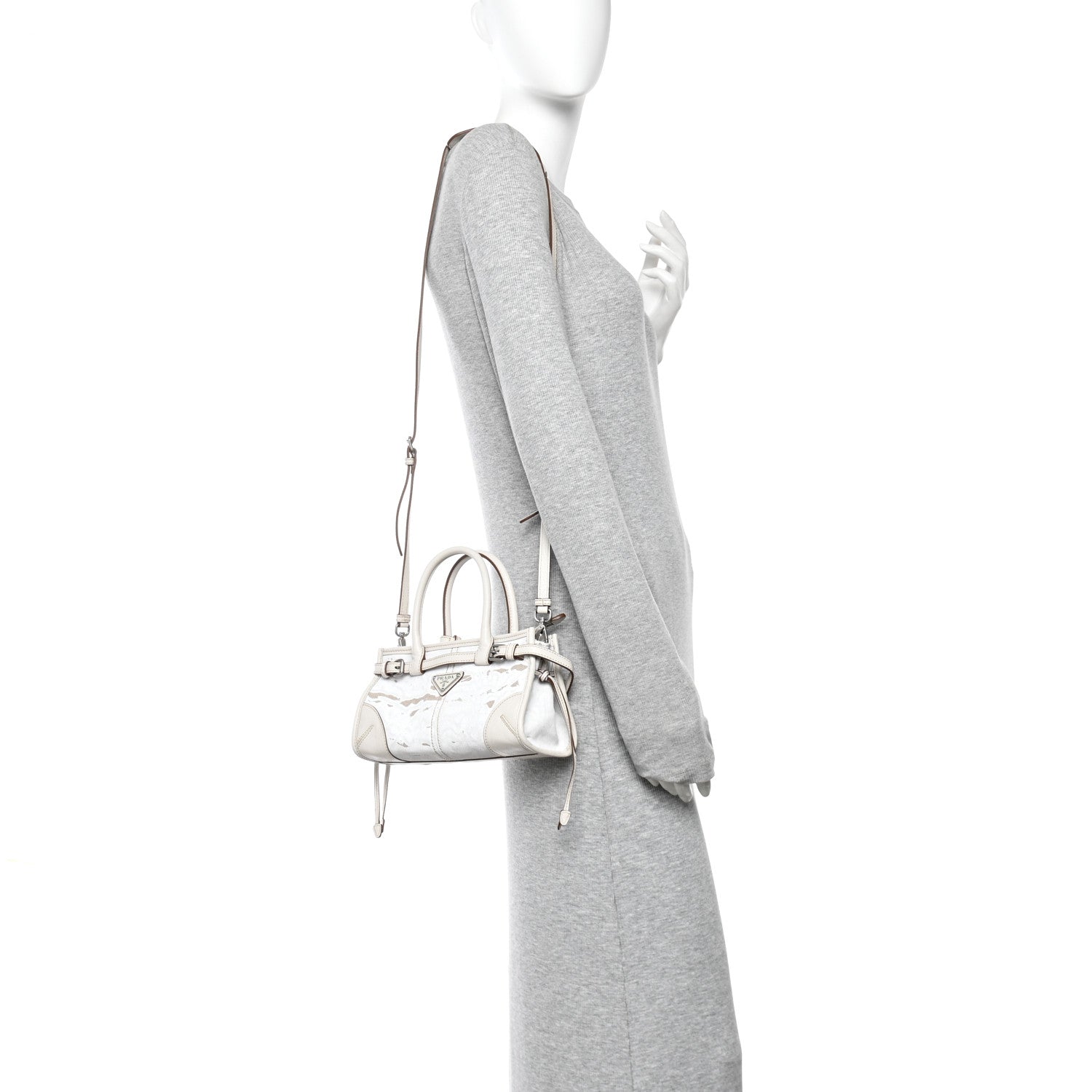 Prada Linen Calfskin Triangle Mini Bonnie Hand Bag White 2 of 9