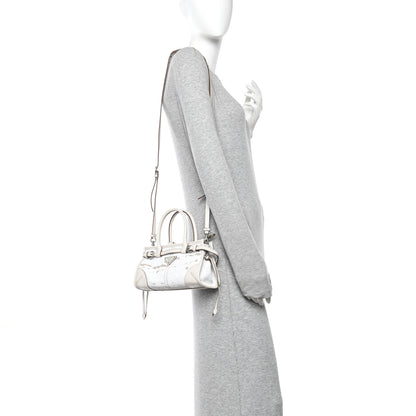 Prada Linen Calfskin Triangle Mini Bonnie Hand Bag White 2 of 9