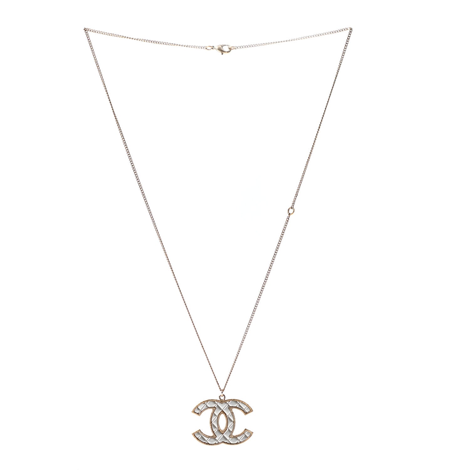 Chanel Metal Quilted CC Pendant Necklace Gold White 3 of 6