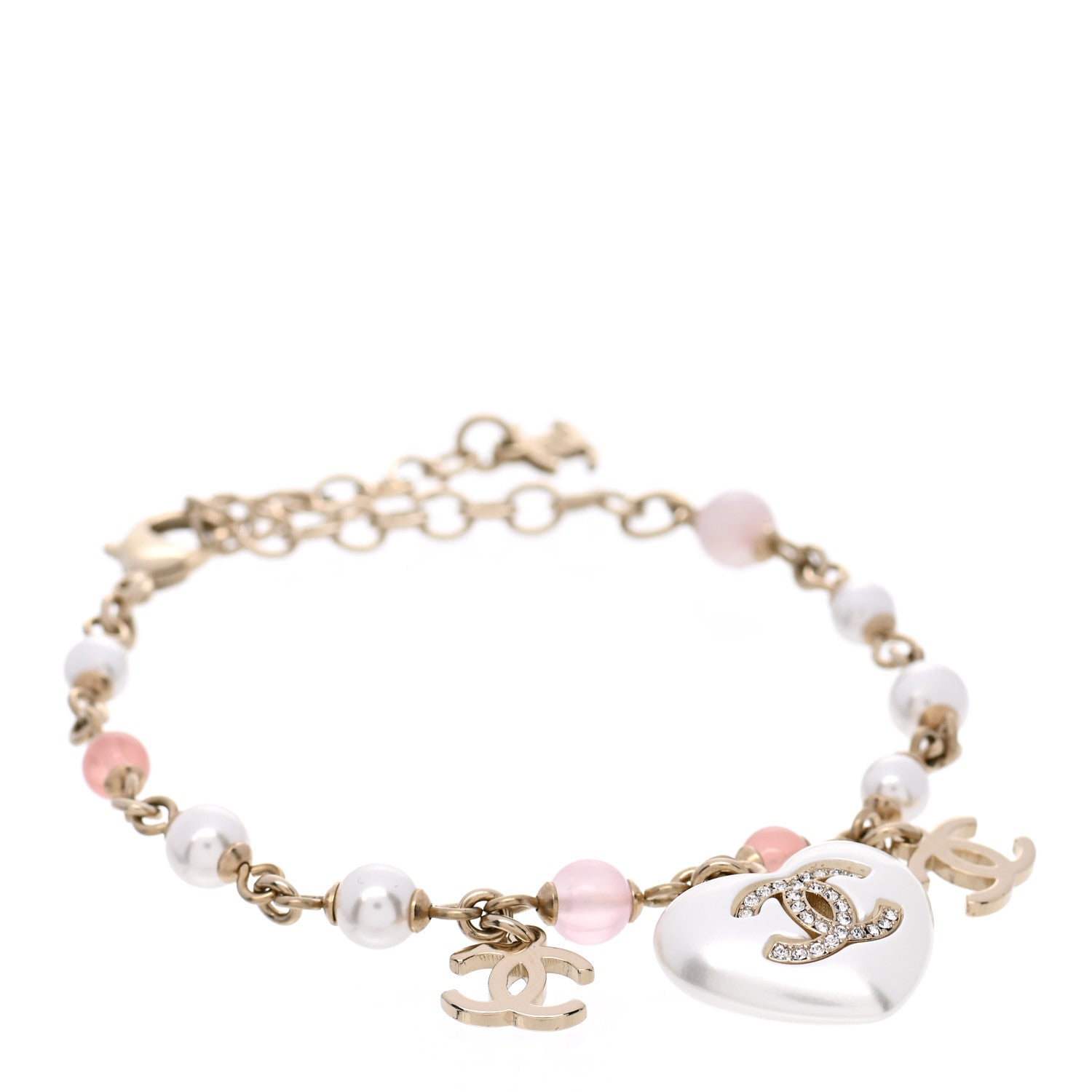 Chanel Pearl Crystal CC Heart Bracelet Pearly White Pink Gold 1 of 5