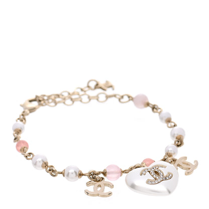 Chanel Pearl Crystal CC Heart Bracelet Pearly White Pink Gold 1 of 5