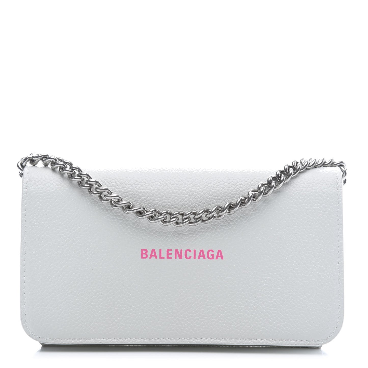 Grained Calfskin Logo Cash Phone Holder Wallet On Chain White Fluo Pink