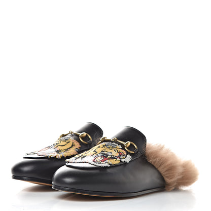 Gucci Calfskin Lambswool Tiger Embroidered Womens Princetown Slippers 38.5 Black 3 of 9