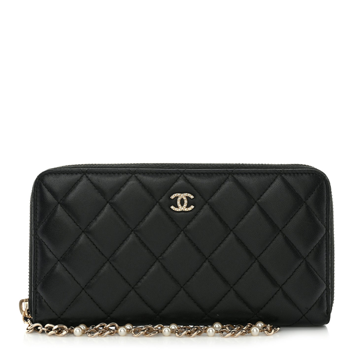 Lambskin Zip Around Large Gusset Wallet With Pearl Chain Black
