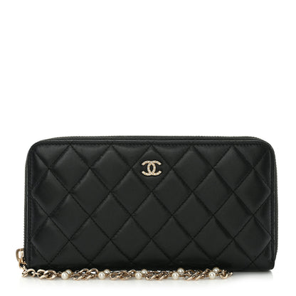 Chanel Lambskin Zip Around Large Gusset Wallet With Pearl Chain Black 1 of 12