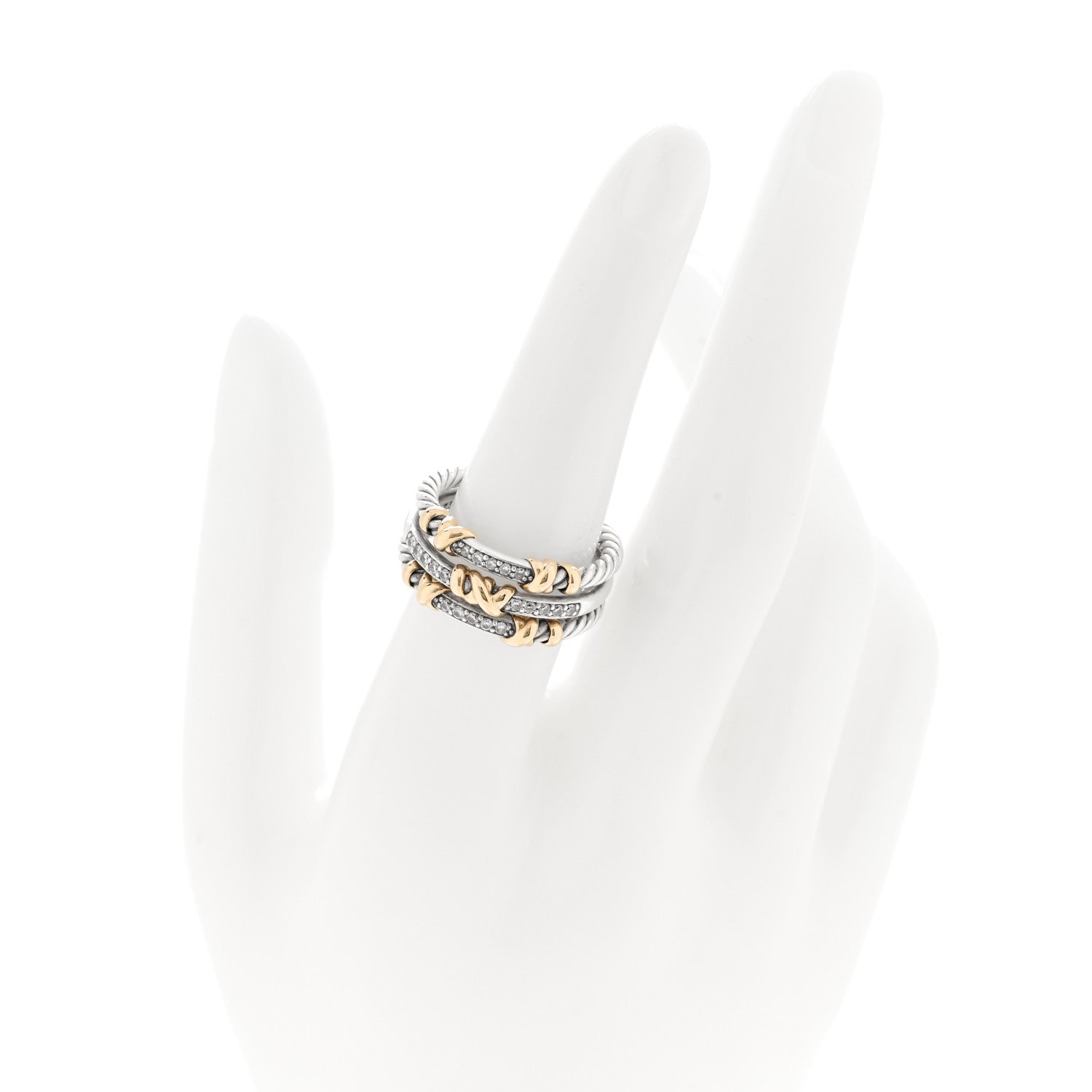 David Yurman Sterling Silver 18K Yellow Gold Diamond Petite Helena Wrap Three Row Ring 54 7 2 of 4