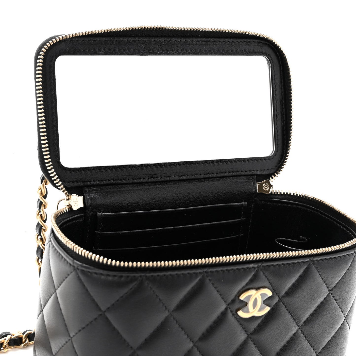 Lambskin Quilted Metal Small Top Handle Vanity Case With Chain Black