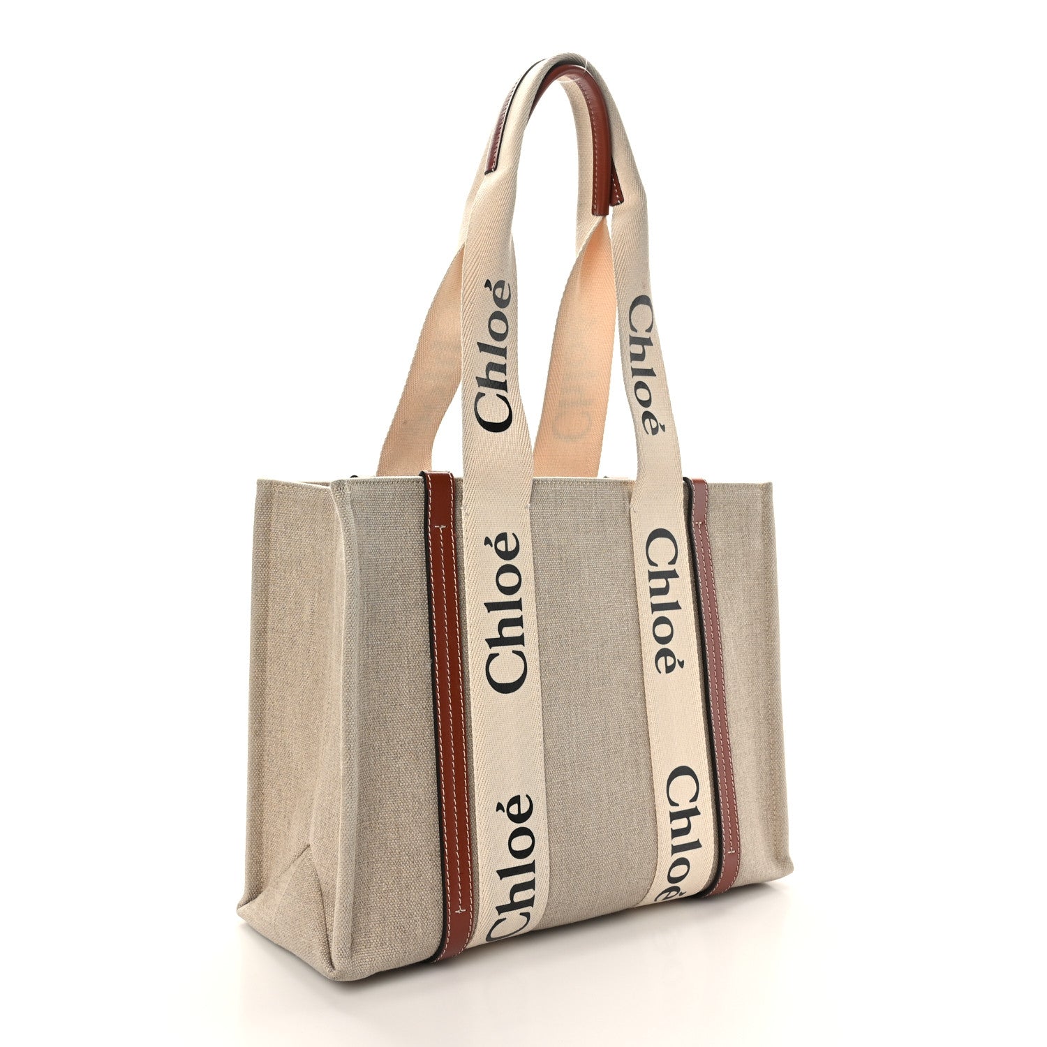Chloe Linen Calfskin Medium Woody Ribbon Tote White Brown 3 of 9