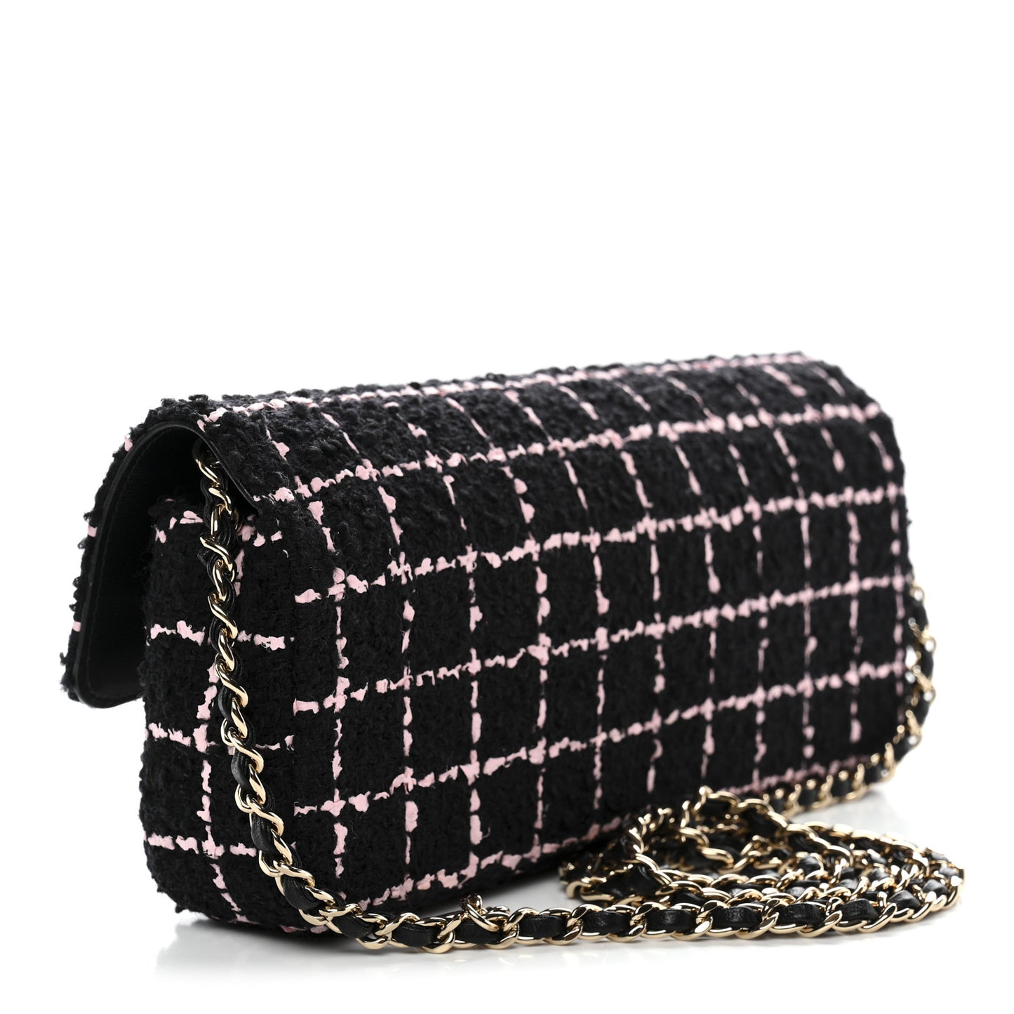 Tweed Quilted East West Camellia Clutch Black Pink