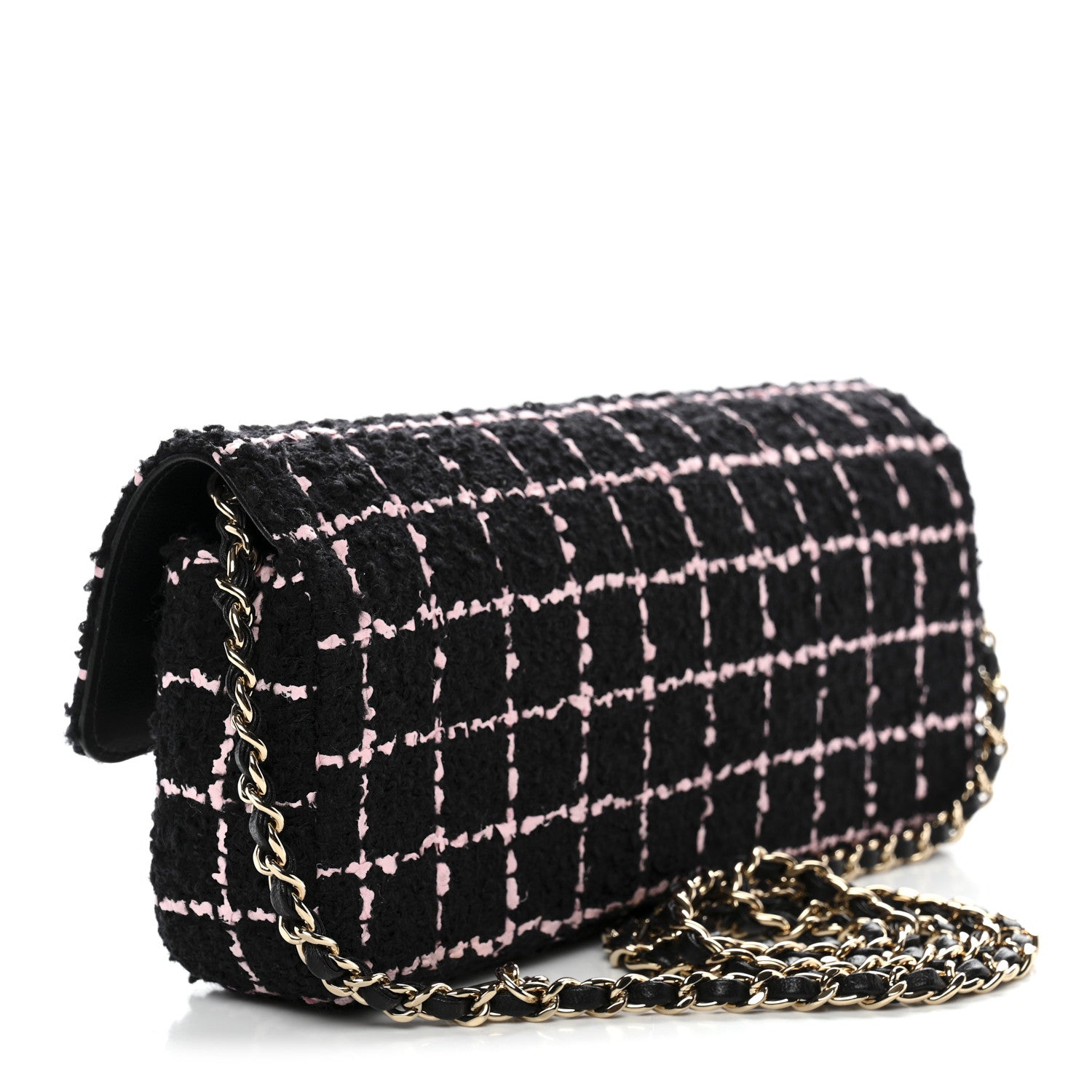 Chanel Tweed Quilted East West Camellia Clutch Black Pink 3 of 10