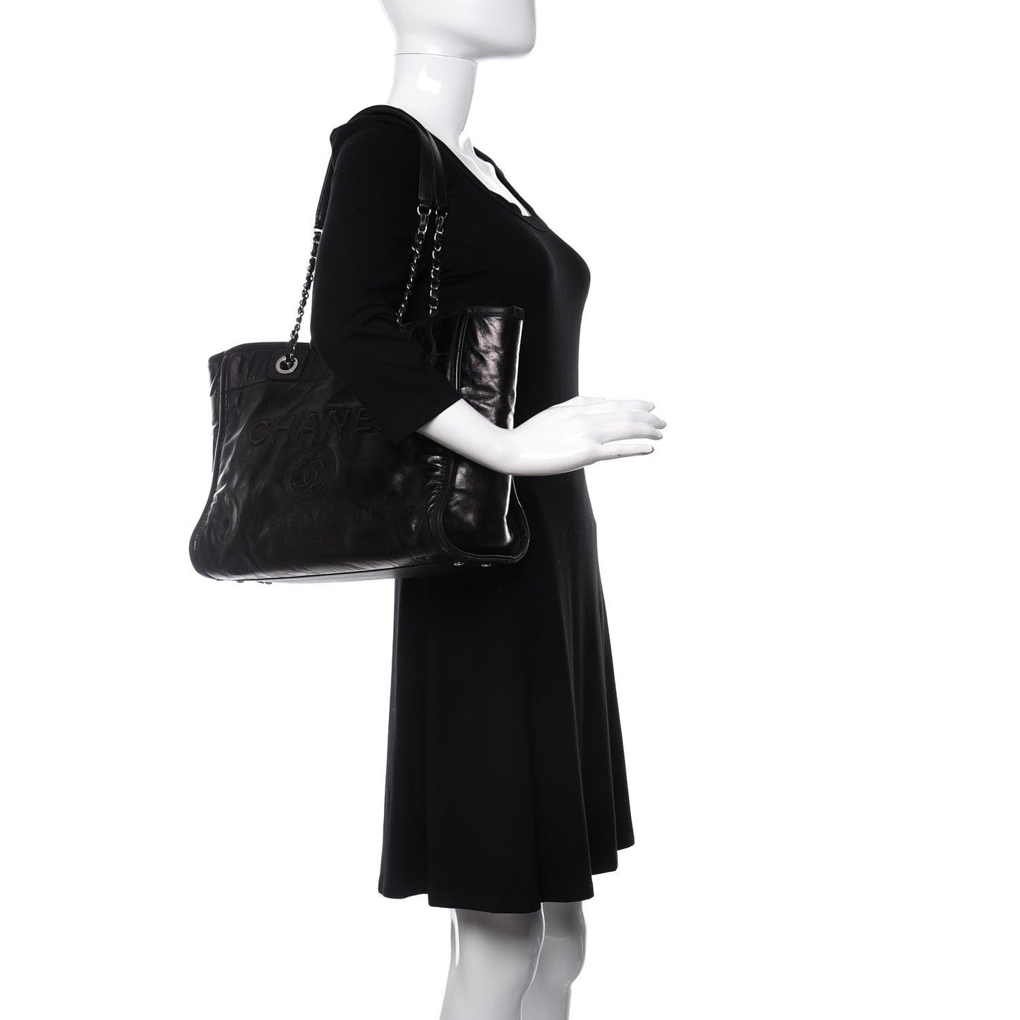 Glazed Calfskin Small Deauville Tote Black
