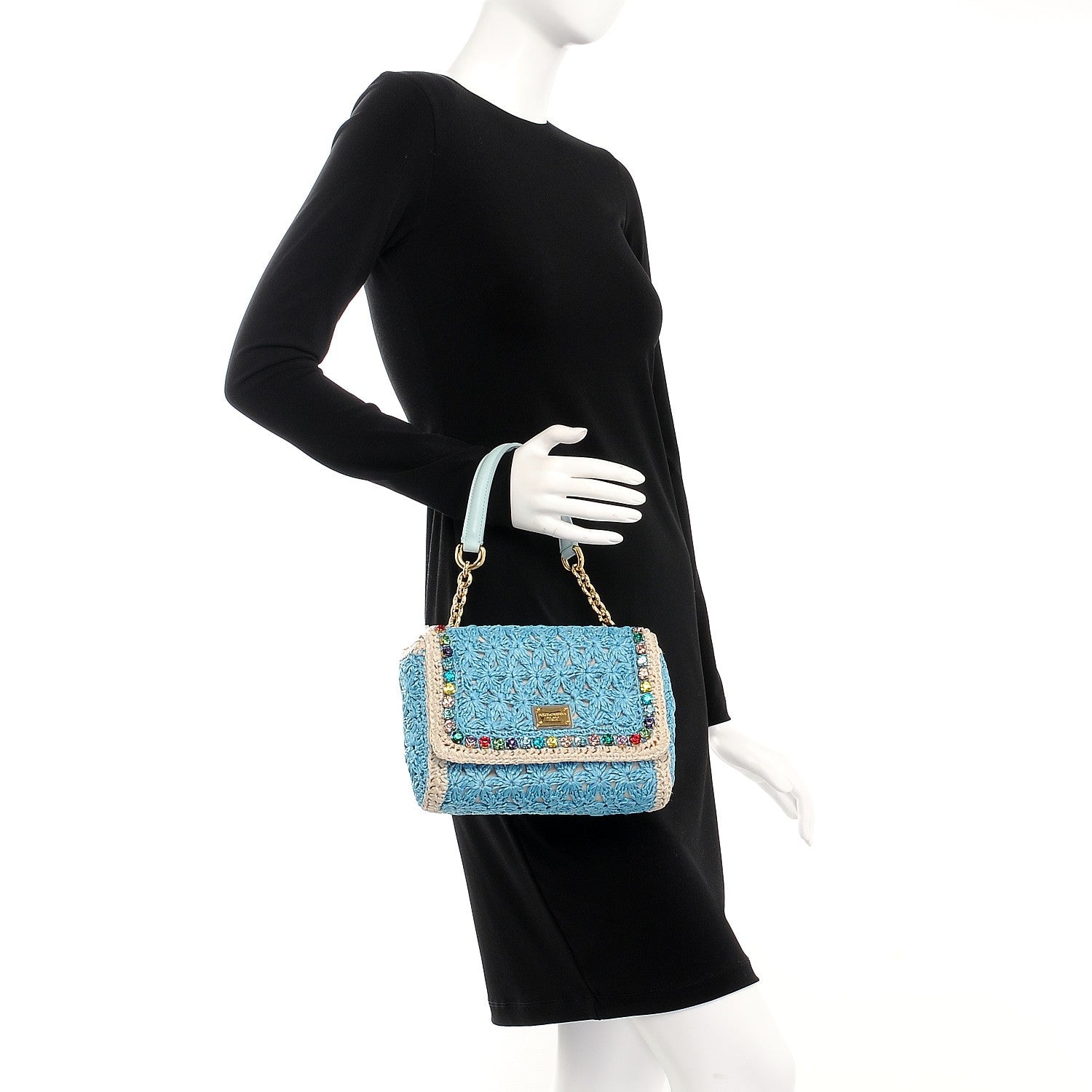 Dolce & Gabbana Raffia Studded Miss Charles Flap Shoulder Bag Sky Naked 2 of 8