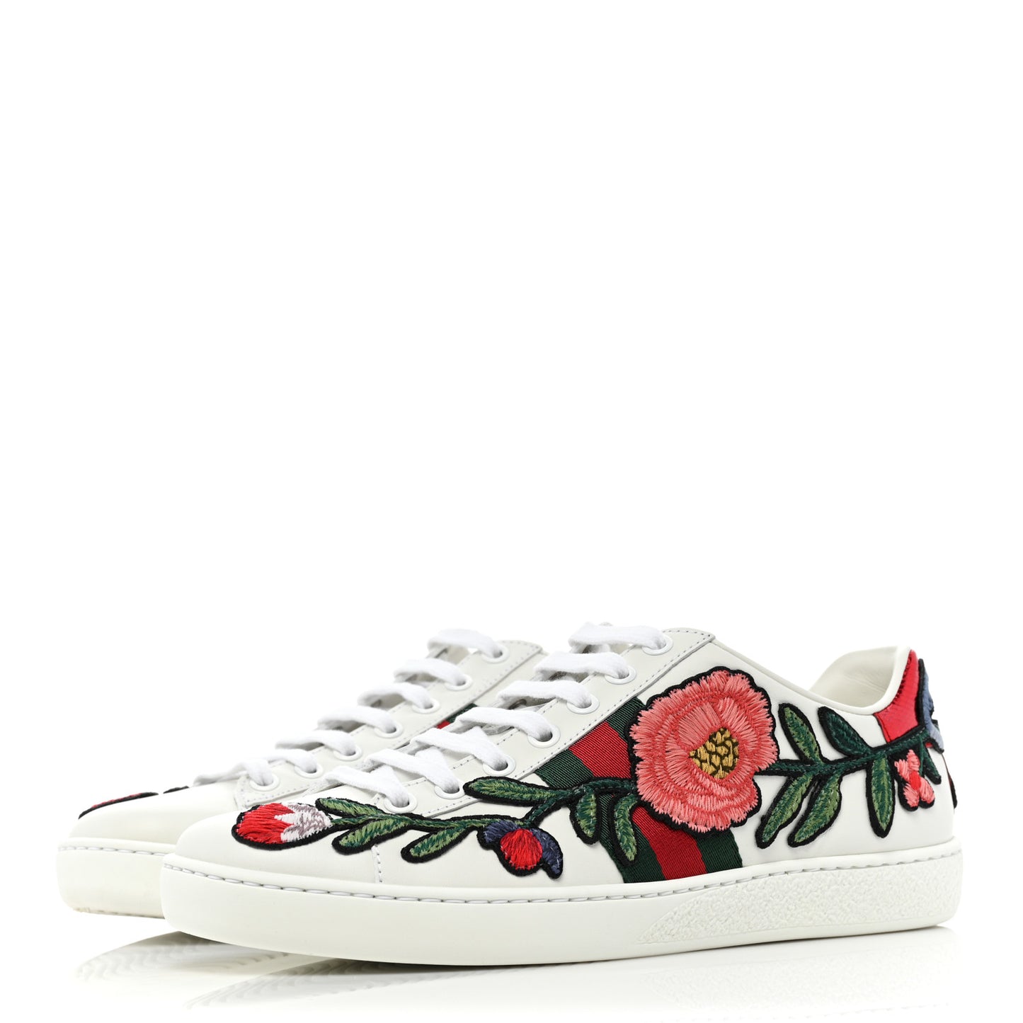 Calfskin Web Floral Embroidered Womens Ace Sneakers 37 White