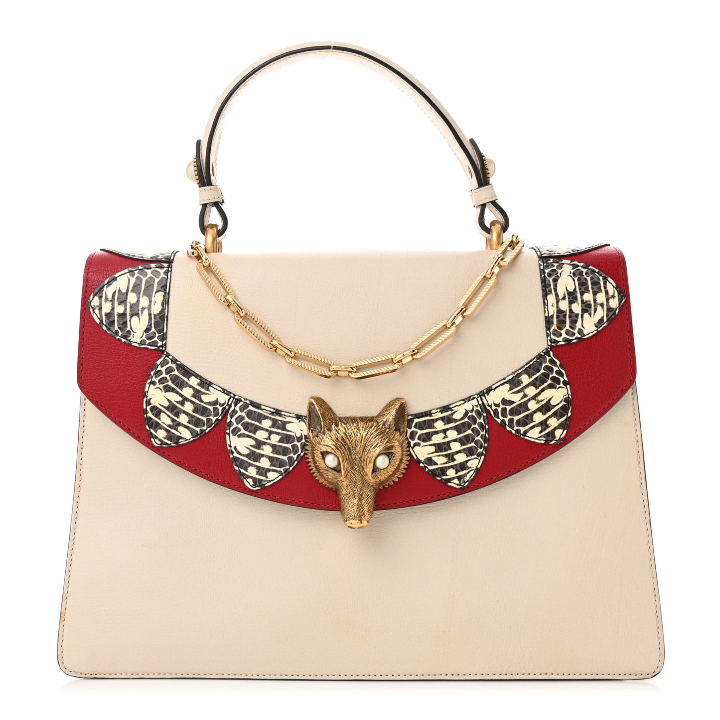Goatskin Elaphe Pearl Medium Fox Broche Top Handle Bag Hibiscus Red Mystic White