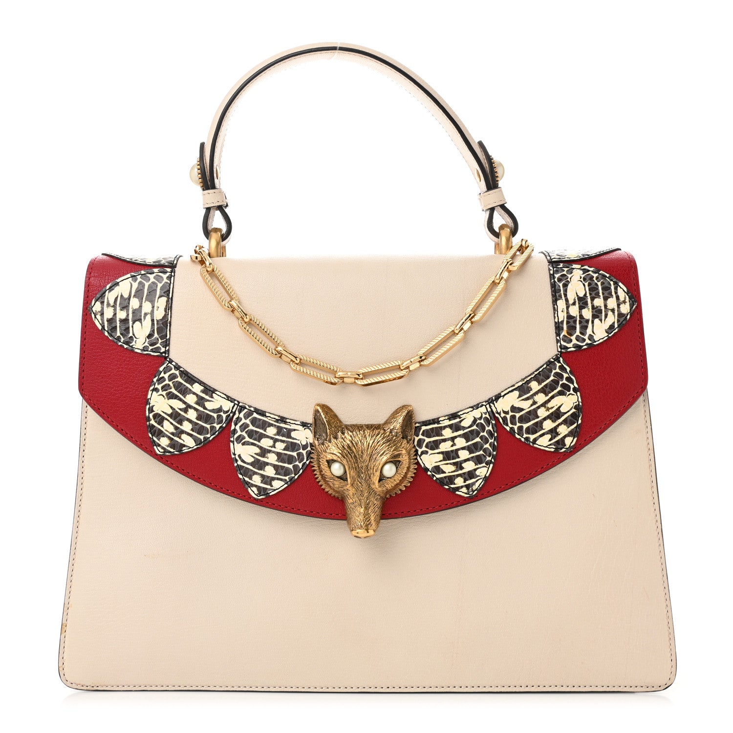 Gucci Goatskin Elaphe Pearl Medium Fox Broche Top Handle Bag Hibiscus Red Mystic White 1 of 12