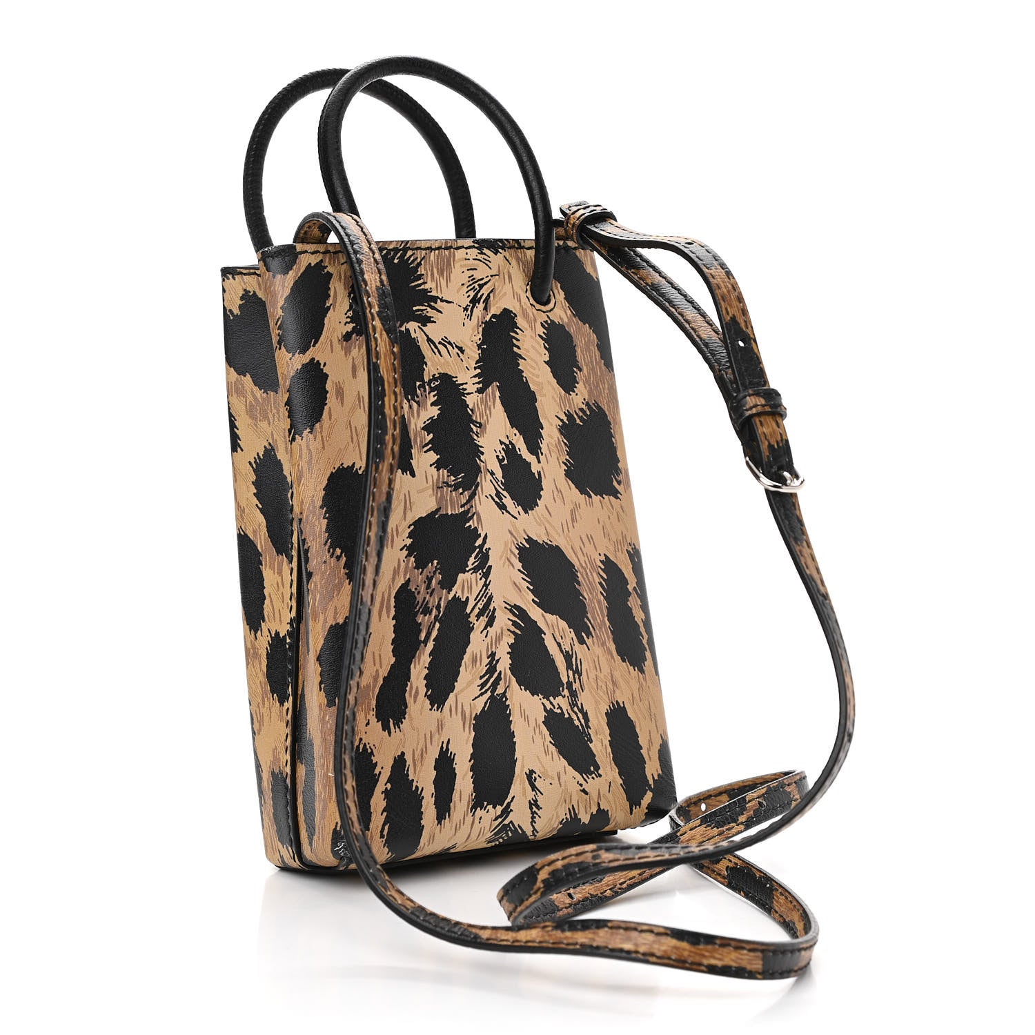Balenciaga Smooth Calfskin Leopard Print Logo Shopping Phone Holder Bag Beige Black 3 of 8