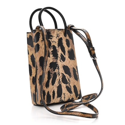 Balenciaga Smooth Calfskin Leopard Print Logo Shopping Phone Holder Bag Beige Black 3 of 8